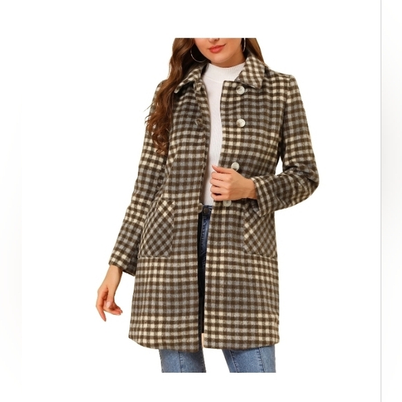 Allegra K Jackets & Blazers - Allegra K Women's Casual Plaid Turn Down Collar Mid Length Woolen Overcoat Coffe